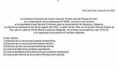 ASAMBLEA ANUAL GENERAL ORDINARIA EN PLAYAS DE ORO DE VILLA CARLOS PAZ