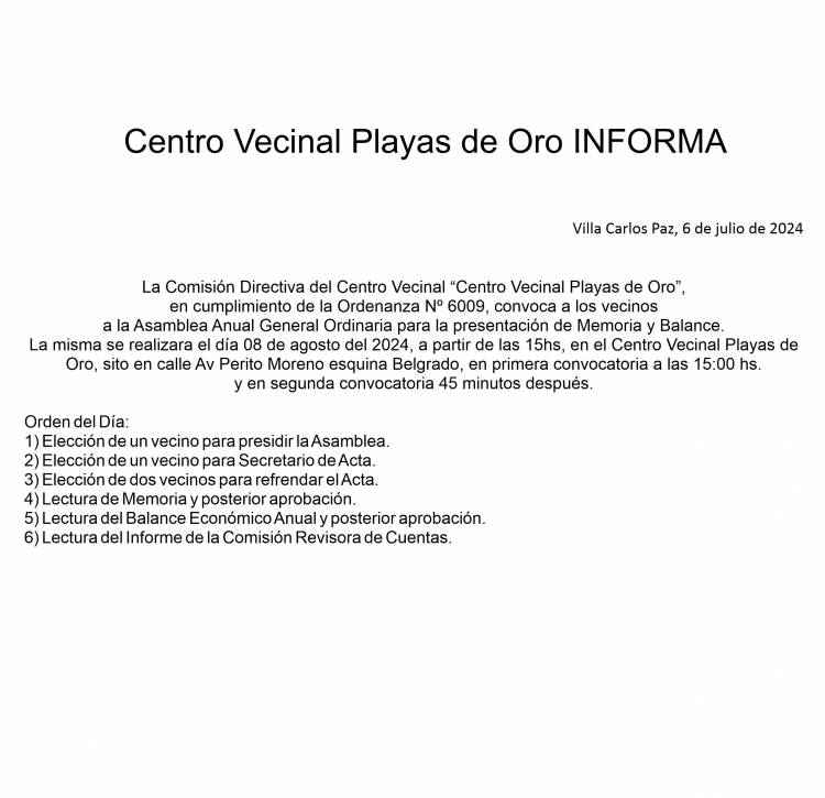 ASAMBLEA ANUAL GENERAL ORDINARIA EN PLAYAS DE ORO DE VILLA CARLOS PAZ